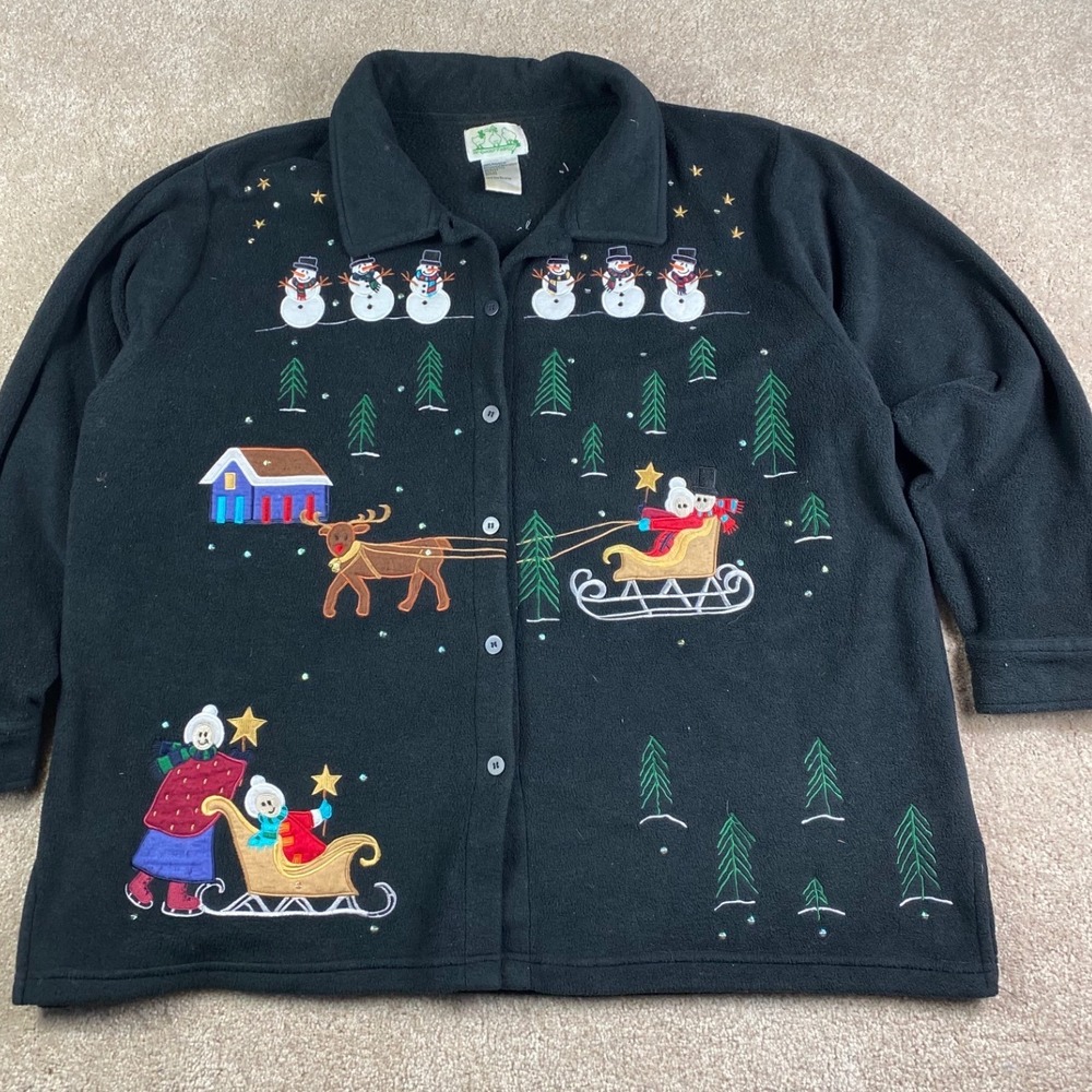 Quacker Factory Womens 2X Christmas Fleece Jacket Black Embroidered Snowman